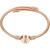LSxAB Pink Heart Initial A-Z Letter Bracelets Engraved Initial Charm Cuff Bracelets Expandable Stainless Steel for Women Jewelry