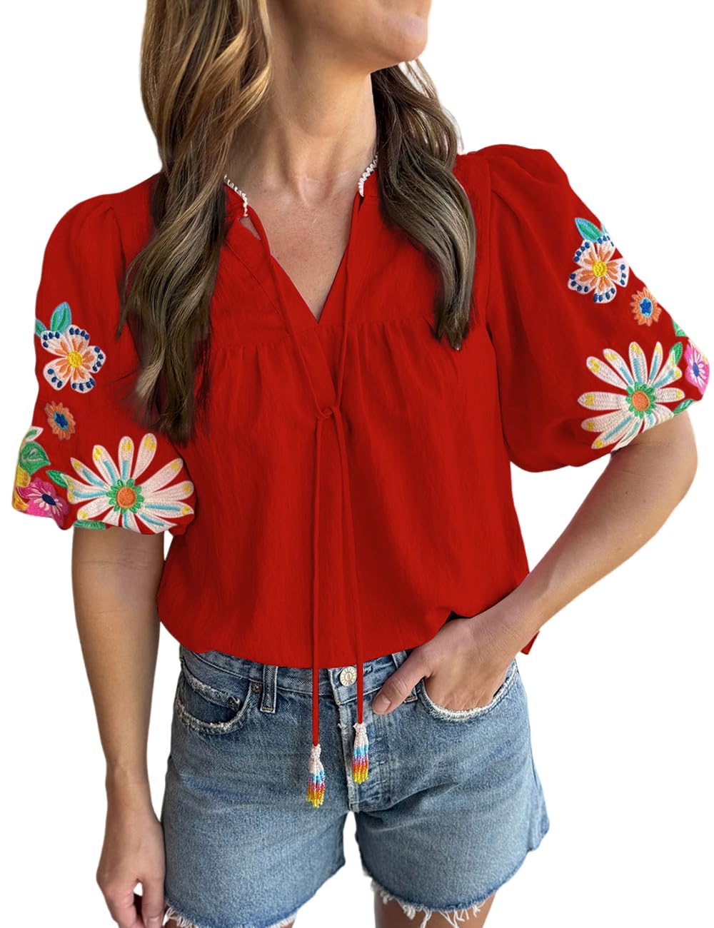 Ecosunny Women's Boho Embroidered Tops V Neck Floral Short Puff Sleeve Casual Shirts Loose Tunic Summer Blouses Fashion 2026 Image