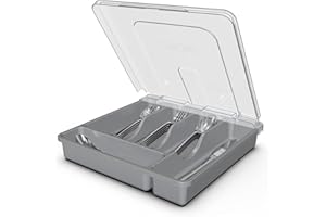 QINOL Cutlery Organizer with Lid, Kitchen Drawer Organizer Plastic Utensil Organizer 5 Compartments for Cutlery Forks Spoons 