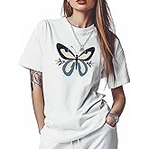 T Shirts for Women Graphic Tees Butterfly Crew Neck Short Sleeve Shirts for Women Black Blue Casual T-Shirt
