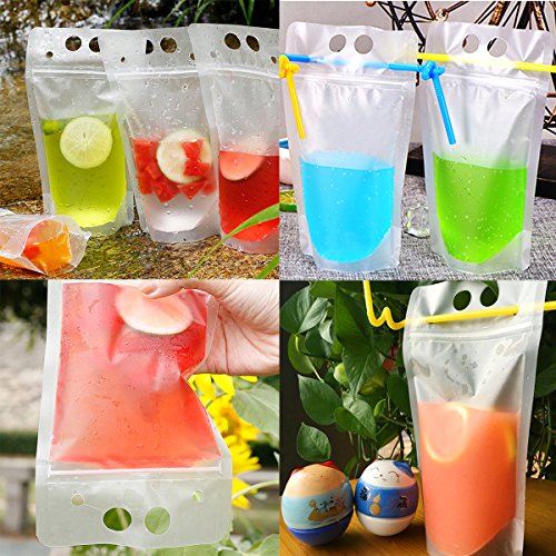 CIEHER 50 Pack Drink Pouches with Straws Plastic Handheld Translucent Drink Container Zipper Drink Bags Reclosable Stand-up Drink Bags Drinkware 5.2" x 9.1" - Thumbnail 2