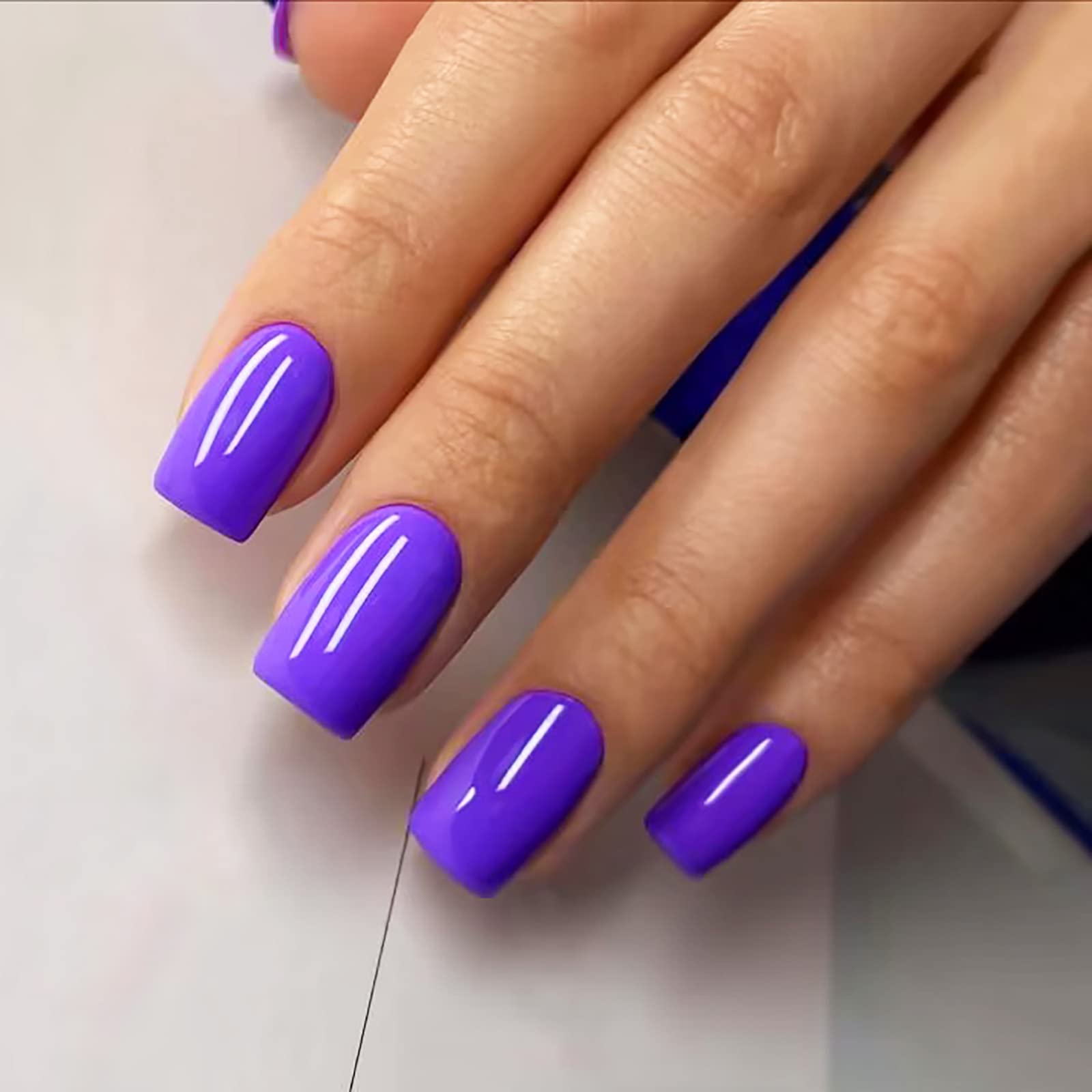 Purple Press on Nails Square Fake Nails Glossy Glue on Nails Short Solid Color False Nails with Design Full Cover Acrylic Nails Cute Press on Nails Stick on Nails for Women and Girls DIY Manicure 24Pcs