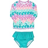 RuffleButts Baby/Toddler Girls Skirted Long Sleeve Rash Guard Bikini UPF50+ Sun Protected Swimsuit