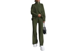 dowerme Women Fall 2 Piece Outfits 2025 Winter High Neck Sweater Sets Drawstring Wide Leg Pant Chunky Knit Lounge Set