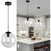 MASIVEL Globe Glass Pendant Light Modern Mid Century Pendant Light 10" Black Finish Adjustable Hanging Light Fixture Clear Gl