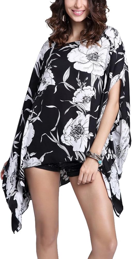 Max HsuanWomens Ladies Baggy Oversize Plus Size Batwing Tunic Top Blouse Floral Chiffon Kaftan