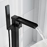 HAWKROWN Freestanding Bathtub Faucet, Floor Mount Bathtub Faucet with 2 Water Outlet Modes, Swivel Gooseneck Spout with Hand Shower,Single Handle, Max Flow Rate 7.4 GPM (Waterfall-Black)