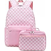 Octsky Kids Backpack for Girls Teens Elementary Middle School Bookbags Childs Back to School Bag with Lunch Box, Pink/White, One Size
