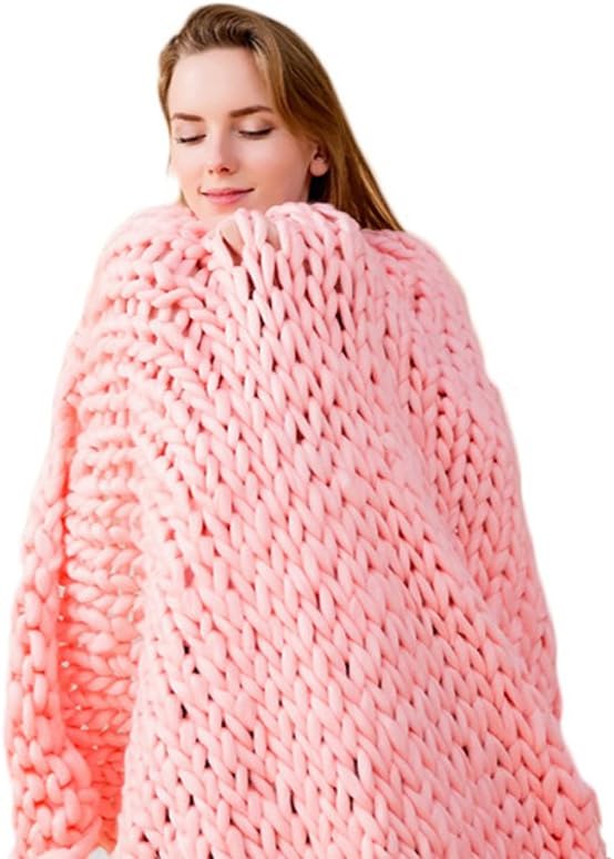 incarpo Chunky Knit Blanket Handwoven Wool Yarn Knitting Throw Bed Sofa Super Warm Home Decor Pink 47"x71"