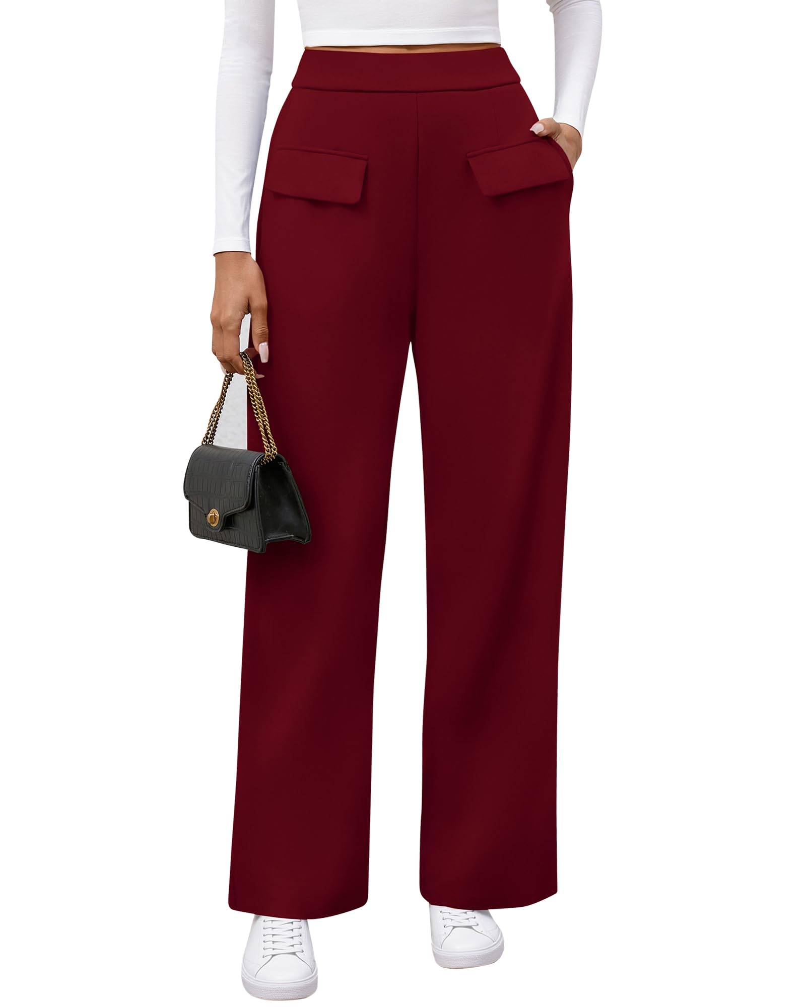 Photo 1 of BTFBM Women's Casual Elastic High Waisted Wide Leg Trousers 2025 Fall Outfits Pocket Stretchy Comfy Lounge Palazzo Pants(Burgundy, Medium)