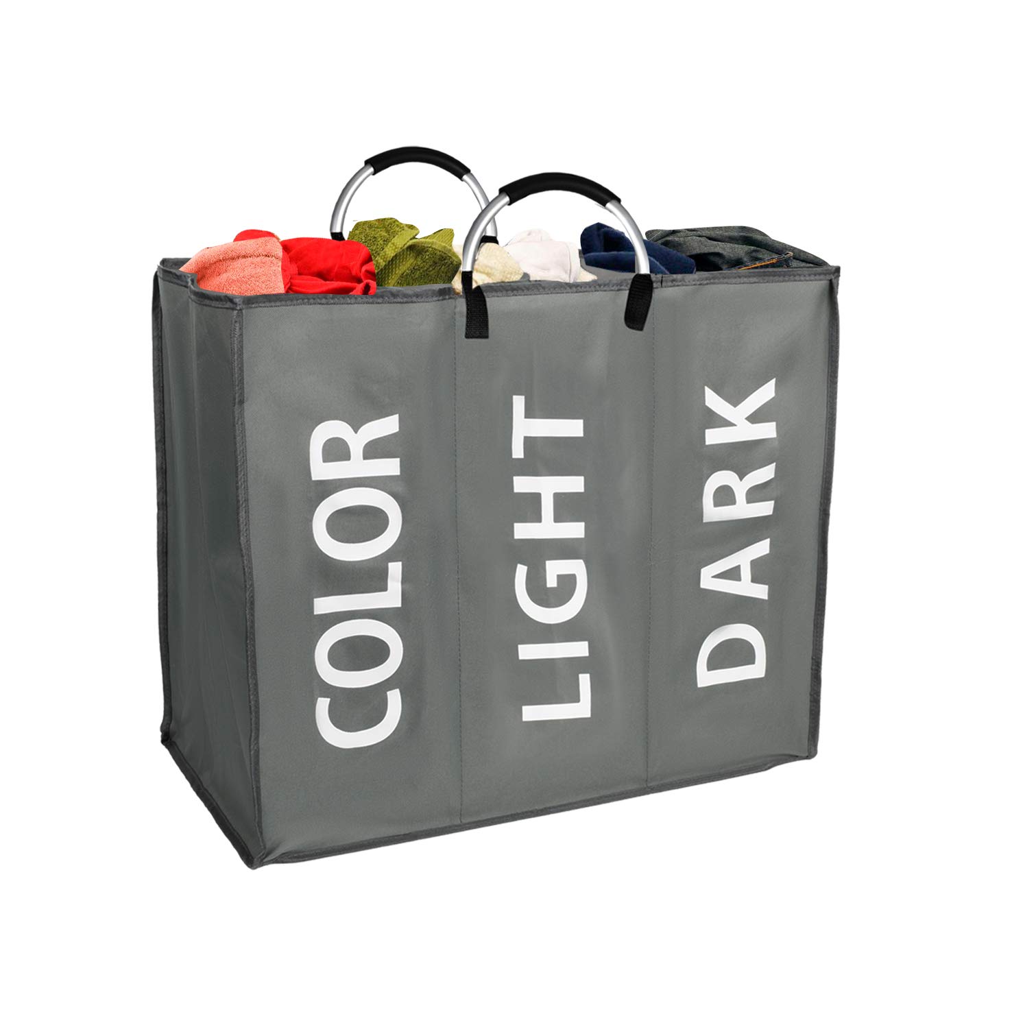 Accurate Triple Laundry Bag, Collapsible Clothes Basket, Durable Fabric, Portable Folding Washing Bin, [ 50cm x 60cm x 33cm ] (GREY)