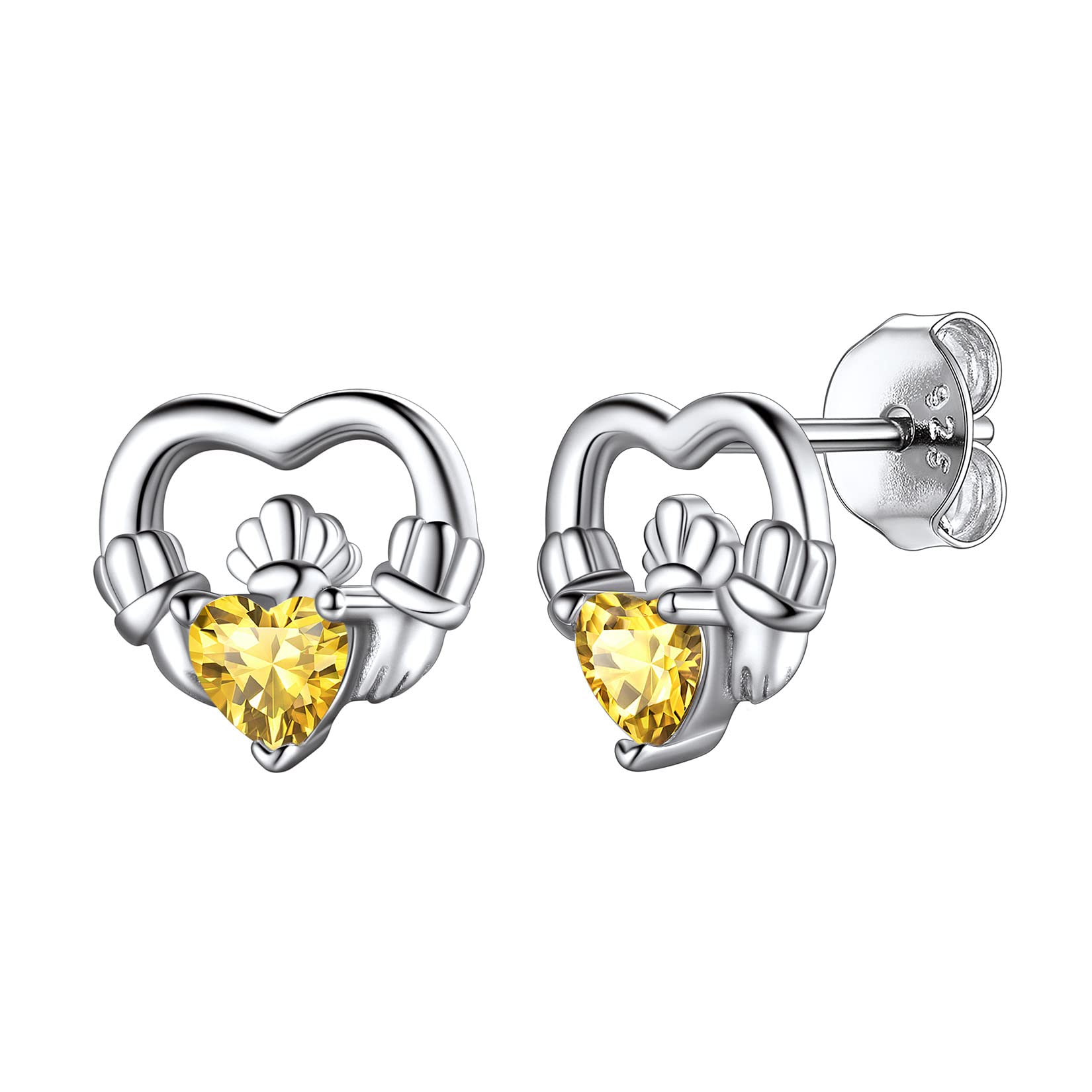 Hypoallergenic 925 Sterling Silver Claddagh Celtic Knot November Birthstone Yellow Citrine Earrings, Birth Stone Jewelry Dainty Cute Stud Heart Shaped Hoop Earrings for Women Teen Girls