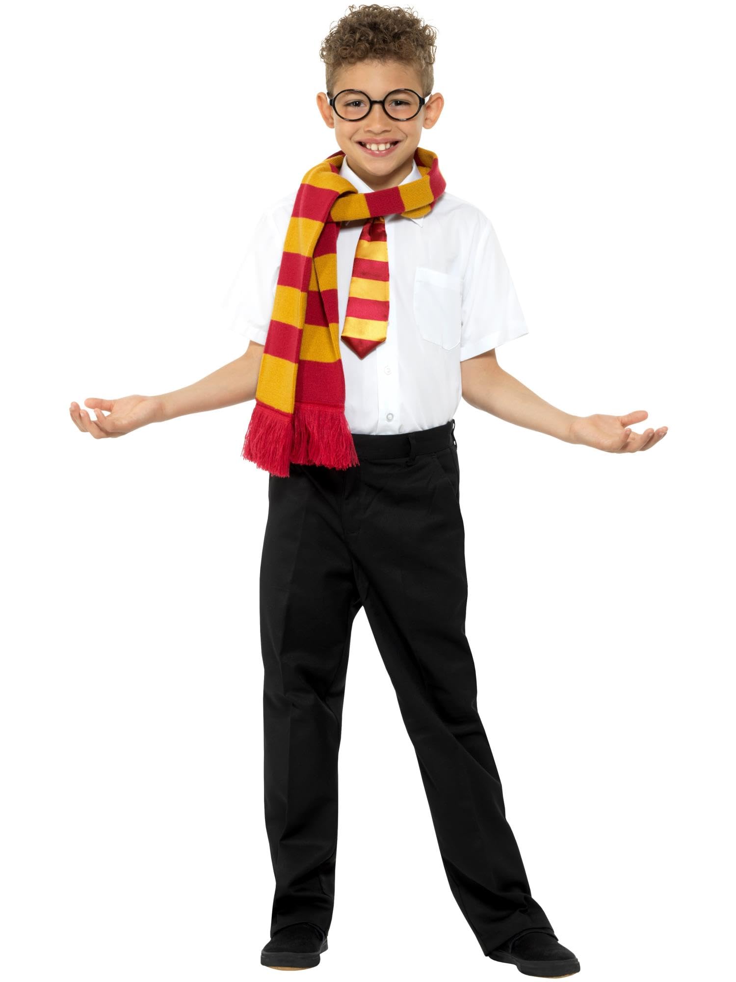 Smiffys Schoolboy Kit, Gold & Red with Scarf, Tie & Glasses, Boys Fancy Dress, Wizard Dress Up Accessories