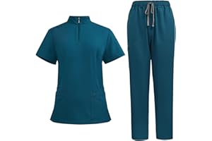 Furundly Womens Scrub Sets Jogger Pants Medical Workwear Classic Round Neck Nursing Uniform Scrub Suit with Pockets