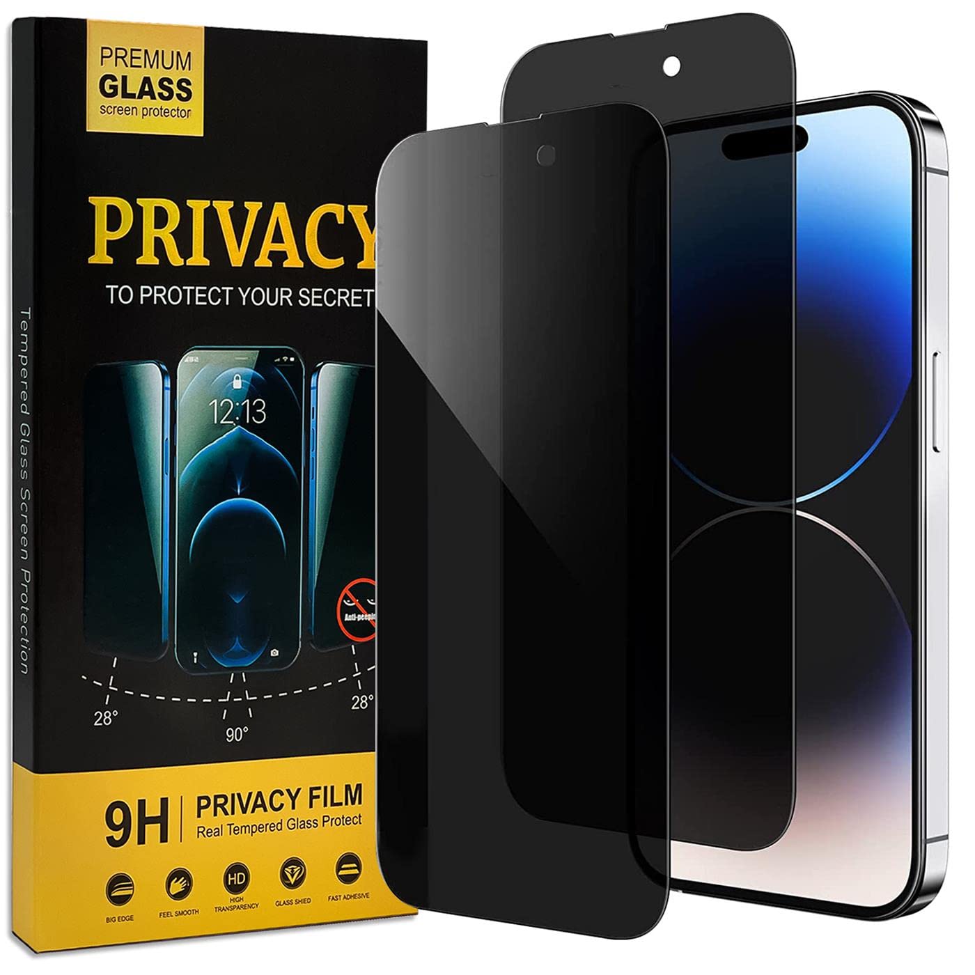 Verco Full Screen Privacy Glass for iPhone 14 Pro Max Armored Protection Glass Film Anti-Spy Screen Protector, 2 Pack