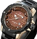 Tonnier Men's Stainless Steel Calendar Watch, Unique Rose Gold Case&Brown Dial
