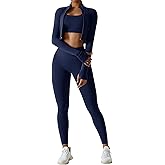 OMEWEE Workout Outfits for Women 3 Piece Long Sleeve Zip Up Cropped Jacket, Sports Bra and Tummy Control Leggings