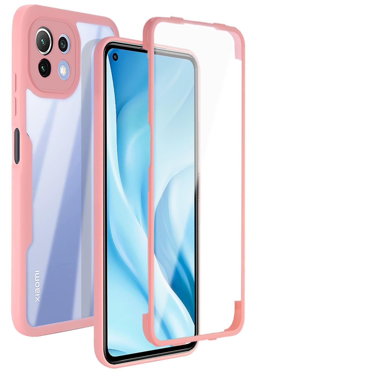 ILING Trasparente Case for Xiaomi 11 Lite 5G NE/Xiaomi Mi 11 Lite (4G/5G), 360° Full Body Protection Shockproof Cover with Built-in Screen Protector, Ultra Thin Hard PC Silicone TPU Case (Pink)