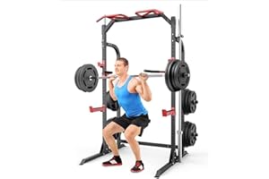 SunHome Power Cage Squat Rack, Power Rack with Pulley System, Adjustable Cable Crossover System, J-Hooks, Dip Handles, Weight Plate Storage