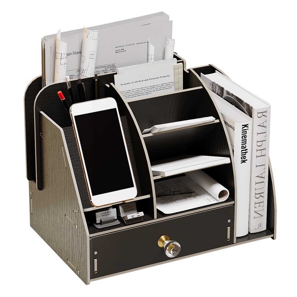 NUODWELL Upgrade Wooden Desk Stationary Organiser with Phone Docking Station, Desktop Storage Organizer Caddy with Drawer and Bookcase Pencil Holder Storage Box Desk Accessories (B20-1 Black)