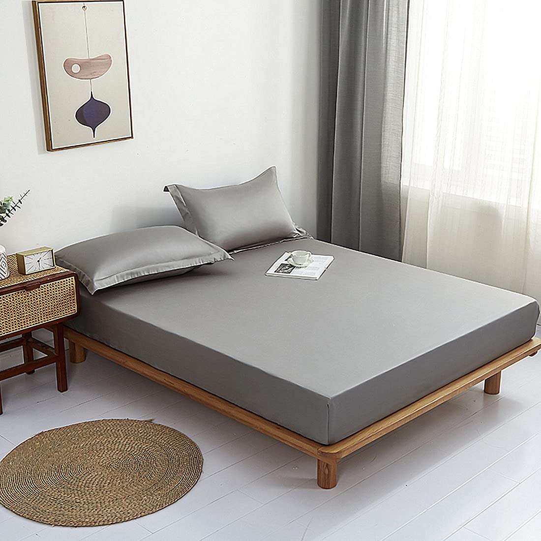 INJOY HOME DECOR 100% Pure Cotton king size fitted sheets Deep Pocket Grey Bedding Sheet Bed Sheet Soft Cotton Sheet Fully Elasticated Easy Care Bedsheet (Gray, King)