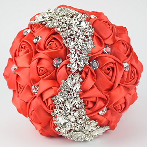 Ziye Shop Handmade Romantic Diamond Pearl Rhinestone Brooch Bridal Artificial Wedding Bouquet of Flower (Red)