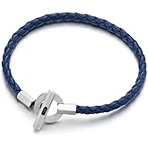 COOLSTEELANDBEYOND Men’s Blue Braided Leather Bracelet with Stainless Steel Toggle Clasp Minimalist Wristband Jewelry