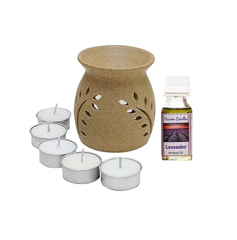 Maxime Candles Lavender Scented Ceramic Handcrafted Leaves Oil Burner Set (9 cm x 9 cm x 12 cm, Beige, Set of 7)
