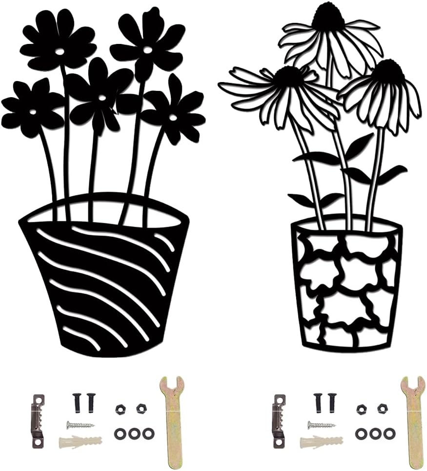 Plaques & Wall Art - YY YEARCHY Metal Flowers Wall Decor Black Art Iron Flower Unique Sculpture for Patio Balcony Living Room Bathroom Bedroom Dining Room Kitchen (Flower 2 and 3, Black)