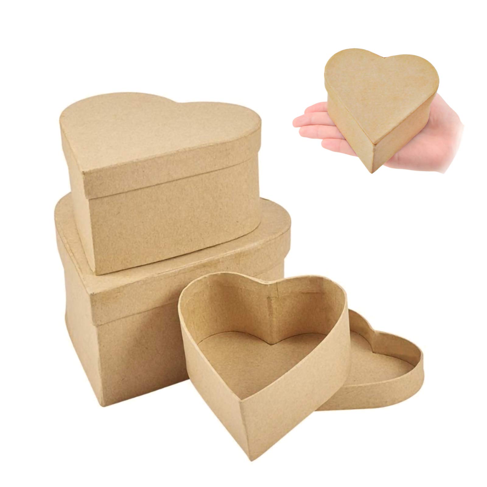 WANDIC Paper Mache Box, Set of 3 Heart-Shaped Kraft Paper Mache Box Heart Boxes for Saving Accessories Cosmetics Jewelry Gifts Home