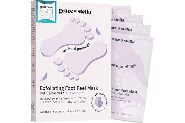 grace & stella Award-Winning Foot Peel Mask - Foot Peeling Mask with Aloe Vera - Moisturizing Foot Mask for Dry Cracked Feet - Foot Exfoliator for Baby Soft Feet (4 Pairs, Lavender)
