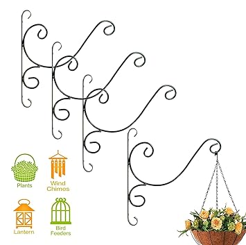 Cinagro Iron Hanging Plants Bracket Curved Shape Wall Planter, Flower Pot Hook for Patio, Lawn, Garden Indoor, Outdoor - (Pack of 4, Black)