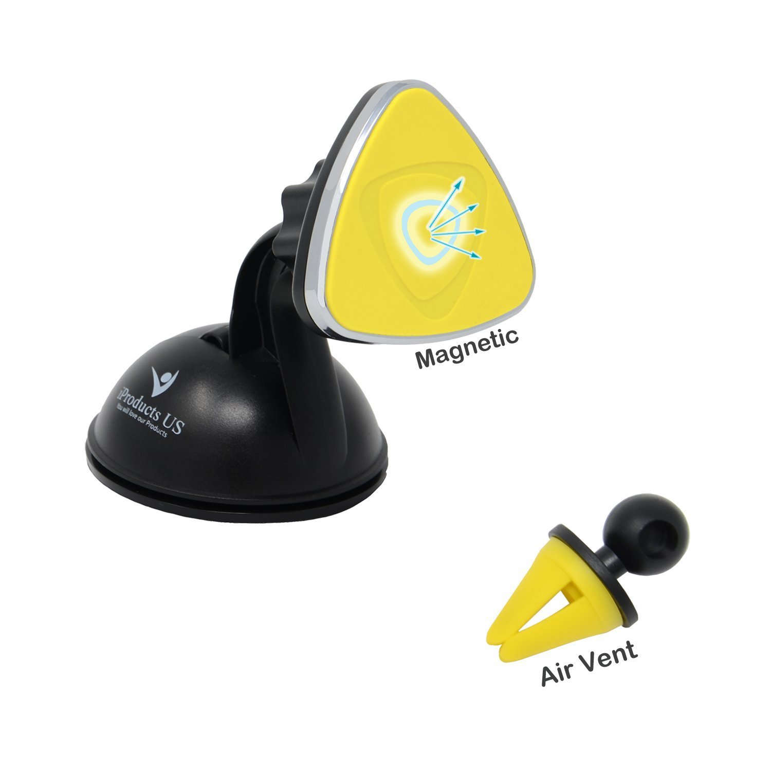 Magnetic Phone Holder for Car iProductsUS Car Vent Phone Mount Universal 3-in-1 phone Cradle for Dashboard Windshield Air Vent for Apple iPhone and Android Smartphones or GPS devices(YELLOW)