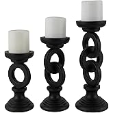 Deco 79 Wooden Decorative Candle Holder Chain Link Candle Stand, Set of 3 Candlestick Holder 13", 11", 9" H, Black