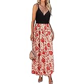 VOTEPRETTY Womens V Neck Wrap Spaghetti Strap Summer Casual Beach Floral Pockets Maxi Dress