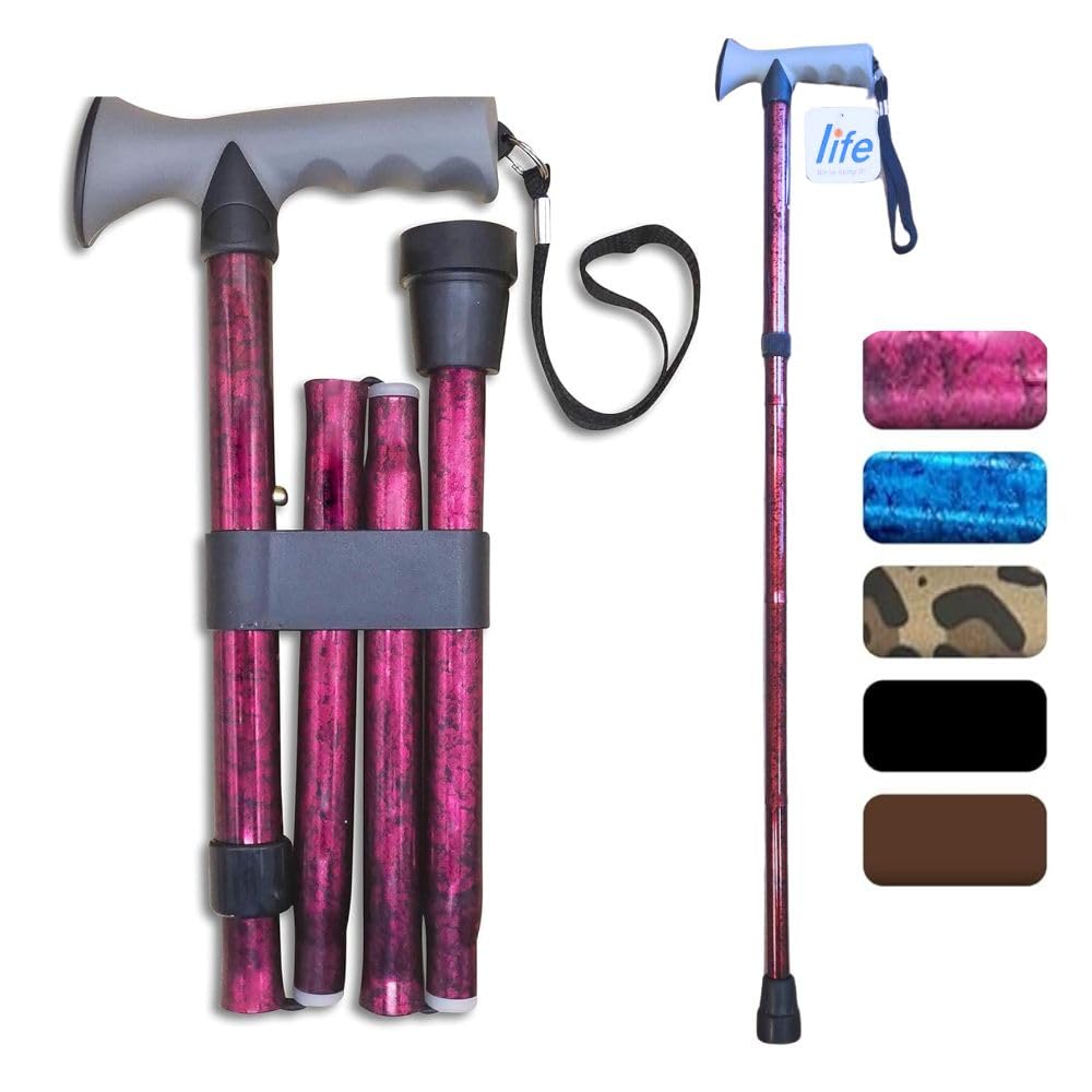 Life Folding Walking Stick with Comfort Gel Handle – Adjustable Height 33–37” Lightweight Aluminium Walking Cane for Elderly & Arthritis Support, Non-Slip Rubber Tip, Wrist Strap, Right or Left Handed