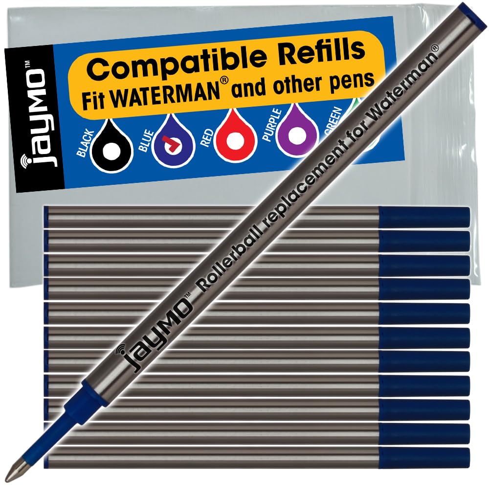Jaymo Replacement for Waterman 540961 - Measures 4.3 in / 109 mm Long - Rollerball Pen Refill - 12 Blue
