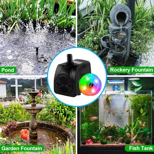 NATPOW Submersible Water Pump, 800L/H Mini Fountain Pump with RGB LED Lights Ultra-Quiet, 3M Cable Pond Pump with 4 Nozzles for Water Feature, Aquarium Fish Tank, Outdoor Fountain