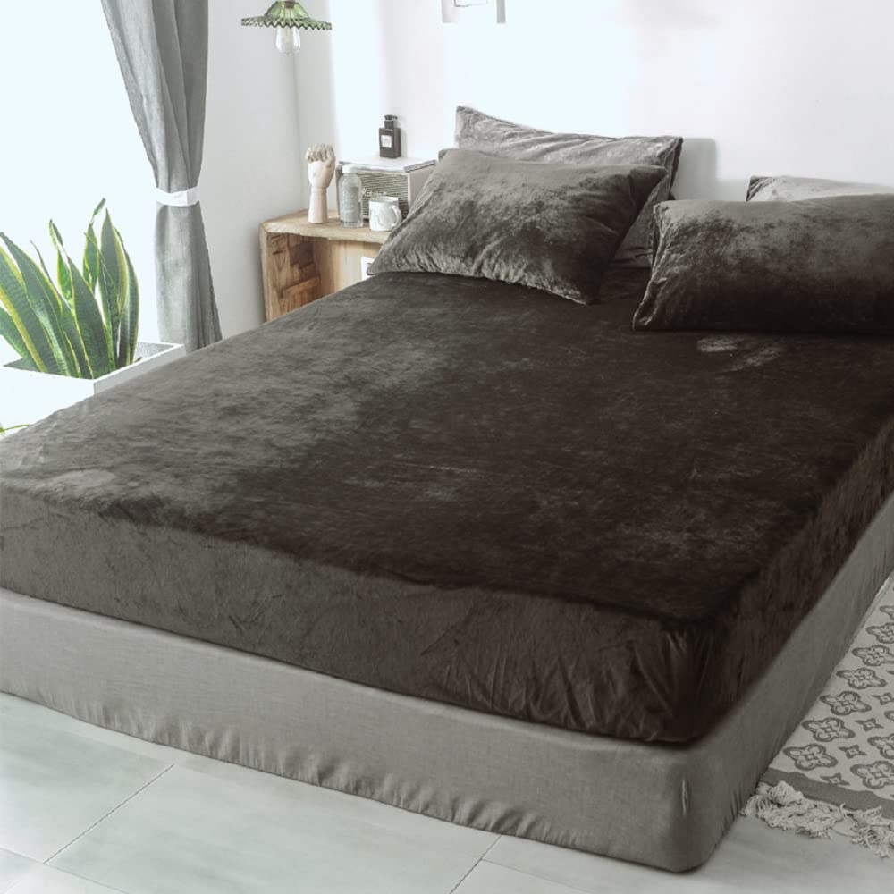 Lanqinglv Dark Grey Fitted sheet 140x200 cm Double Size Flannelette 35cm Deep Fitted Bed Sheet,Thermal Warm Cosy Flannel Bed Sheets Perfect for Winter