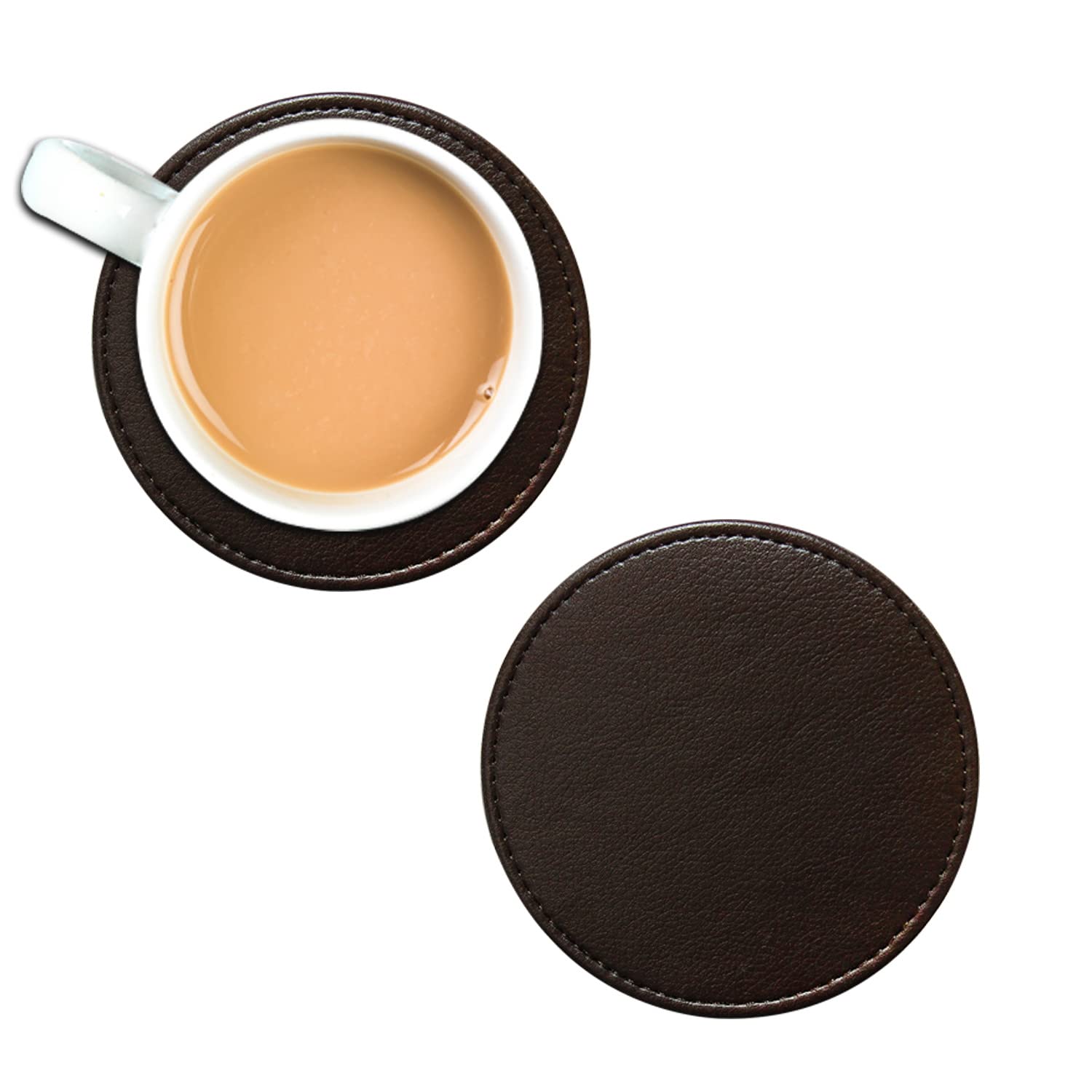Faux leather round Tea Coasters with cover, pack of 6 for Dinner table and bars (Brown) — image 1