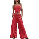 Panadila Womens Summer Lounge Sets 2 Piece Outfits Tube Top and Wide Leg Pants Matching Set Beach Vacation Clothes