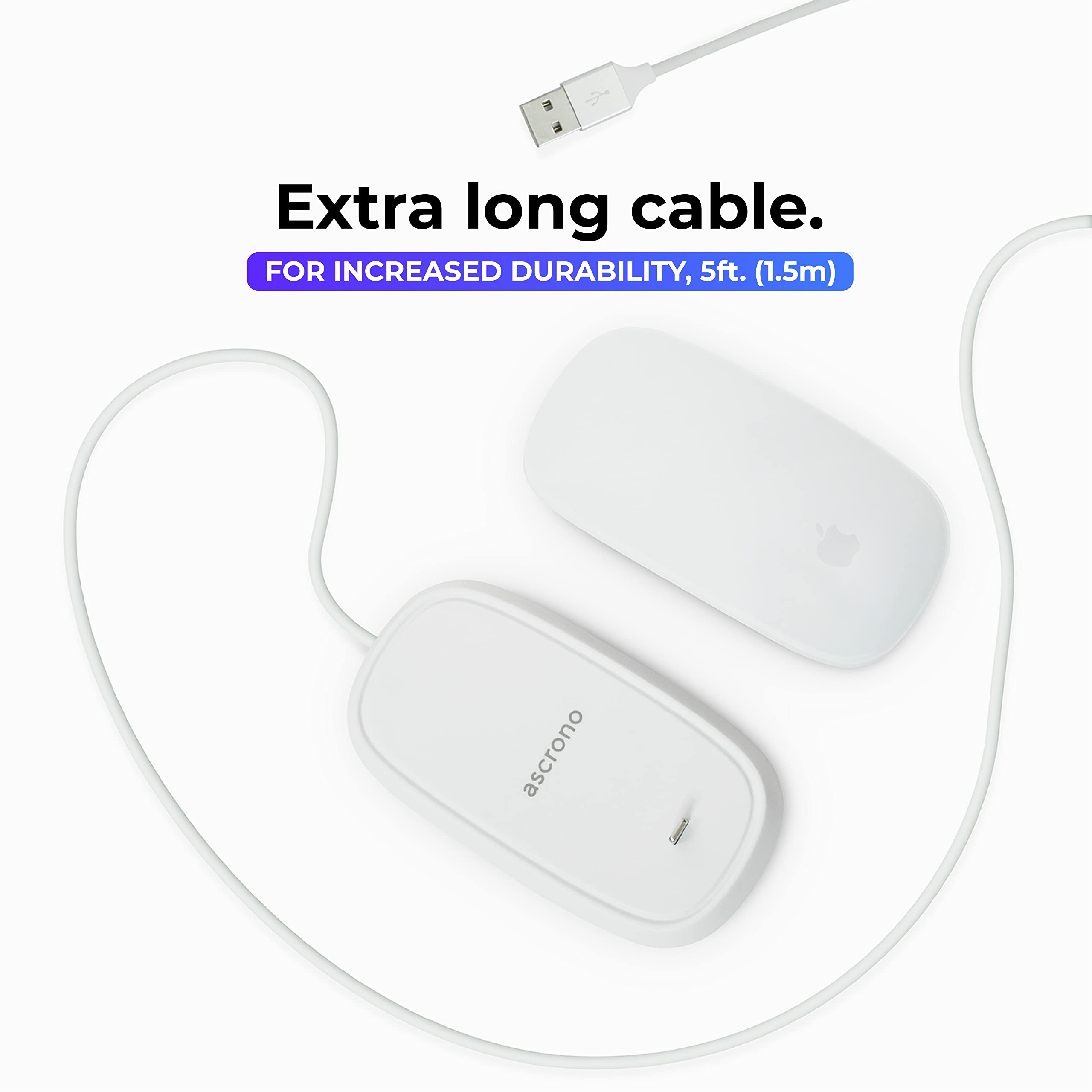 Ascrono - Charging Station Compatible with Apple Magic Mouse 2 - White - Perfect Accessories | Usable As Charging Dock, Stand & Charger | Includes 5ft (1.5m) USB-A Cable | Lightning Connector