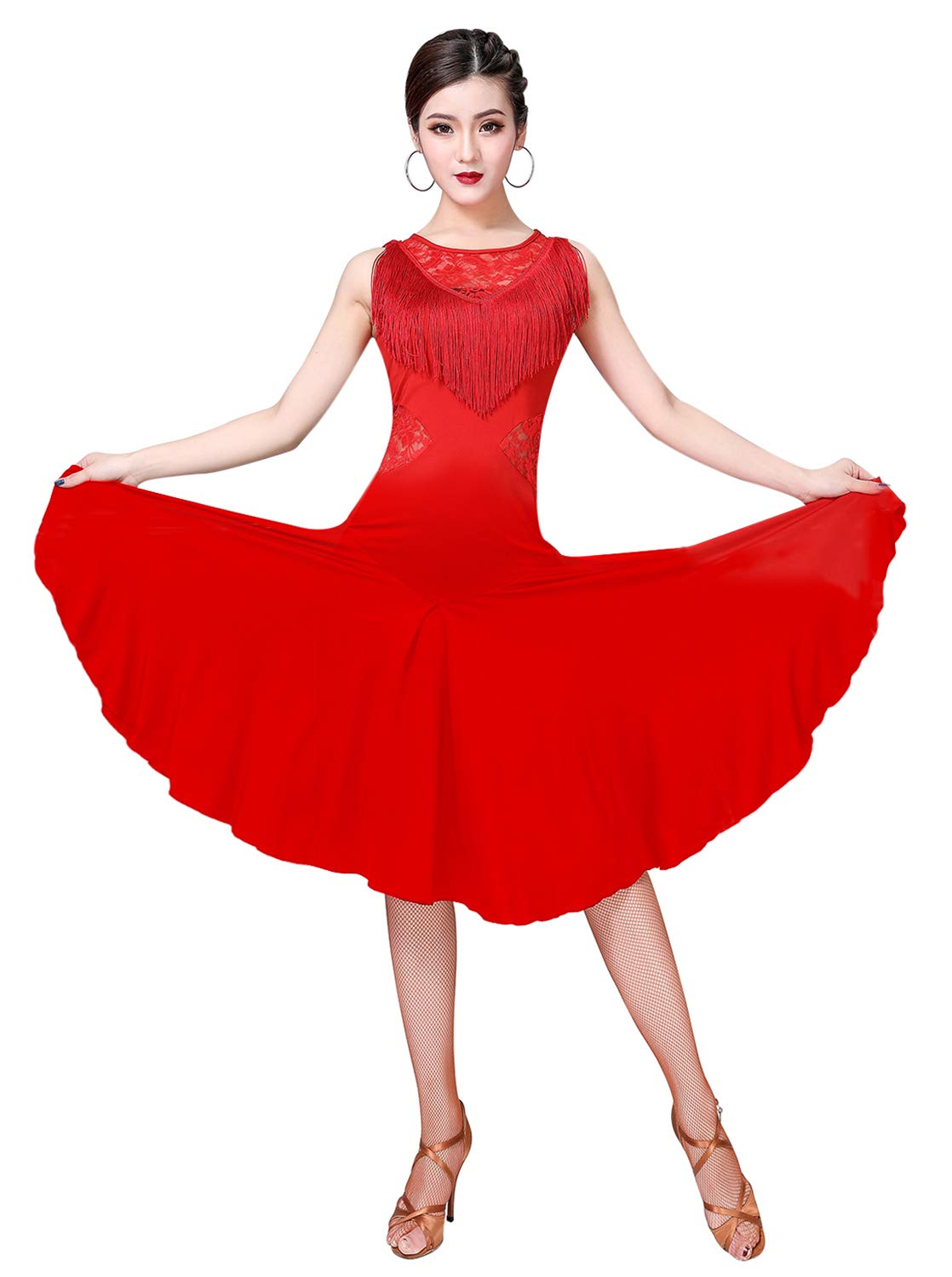 Z&X Ballroom Dance Dresses for Women Competition Fringed Lace Back Long Swing Salsa Latin Dance Dress with Shorts (Tag XL, Red)