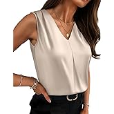 OFEEFAN Womens Tank Tops V Neck Silk Satin Camisole Pleated Sleeveless Blouses Dressy Casual Business Summer Basic Tank Shirt