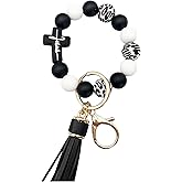 Phamines Silicone Beaded Jesus Cross Wristlet Keychain Leather Tassel,Key Ring Wrist Bangle,Key Chains Bracelet Women