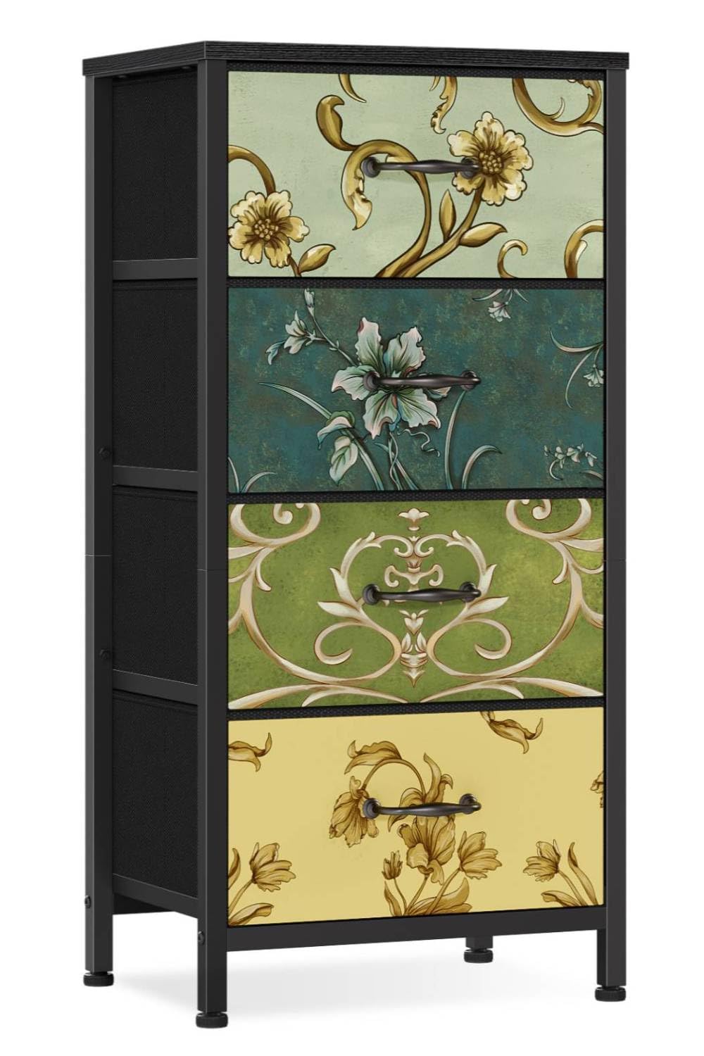 Photo 1 of Furnulem 4 Drawer Dresser, Vertical Nightstand for Kids, Adult, Fabric Chest of Drawers for Bedroom, Living Room, Closet, Nusery, Storage Tower Unit Retro Style Furniture, Wood Desk Top