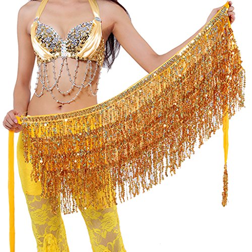 Wuchieal Belly Dance Skirt Hip Scarf Hot dance hip Belt skirt Latin dance Hula hip scarf (Gold)