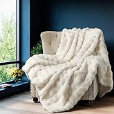 Wajade Fluffy Faux Fur Throw Blanket for Couch Bed 90x106, Luxury Soft Thick Fuzzy Plush Bubble Blanket, Warm Cozy Blanket for Sofa Chair, Ivory White