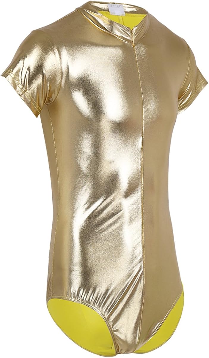 Agoky Mens Shiny Metallic Suspenders Wrestling Singlet Leotard Thong