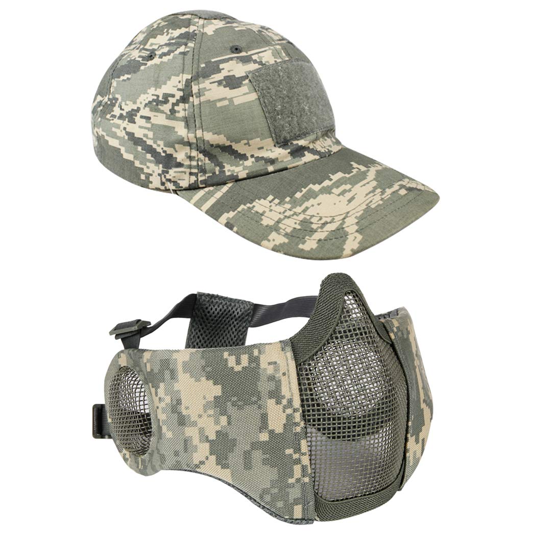 Airsoft Mesh Mask with Ear Protection and Adjustable Baseball Cap Set for CS/Hunting/Paintball/Shooting (ACU)